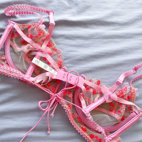 For Love and Lemons • Floral Pink Lace Love Bouquet Sheer Embroidered Bra • M - Picture 10 of 13
